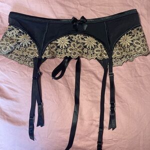 Victoria's Secret Black and Gold Lace Garter Belt with Bow